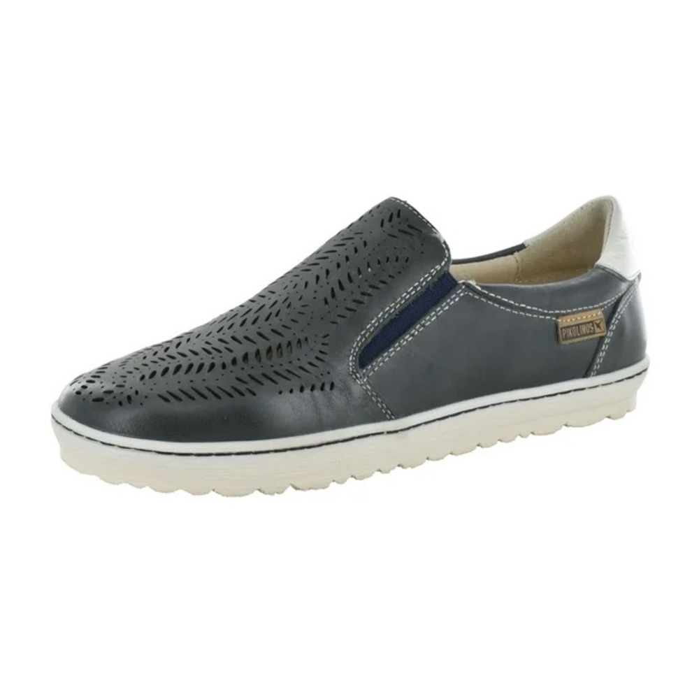 PIKOLINOS Navy Blue Leather Perforated Slip-On Loafers with Cream Heel